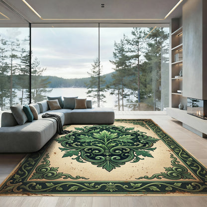 Ornate Green Victorian Floral Swirl Rug