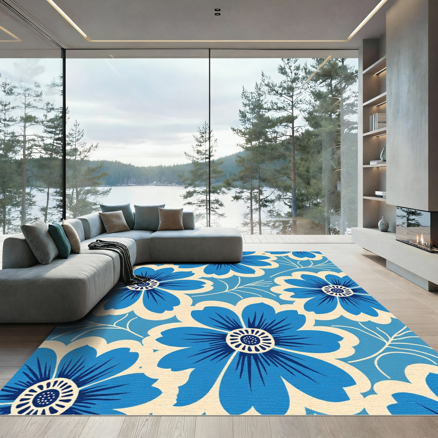 Bold Blue Floral Meadow Rug