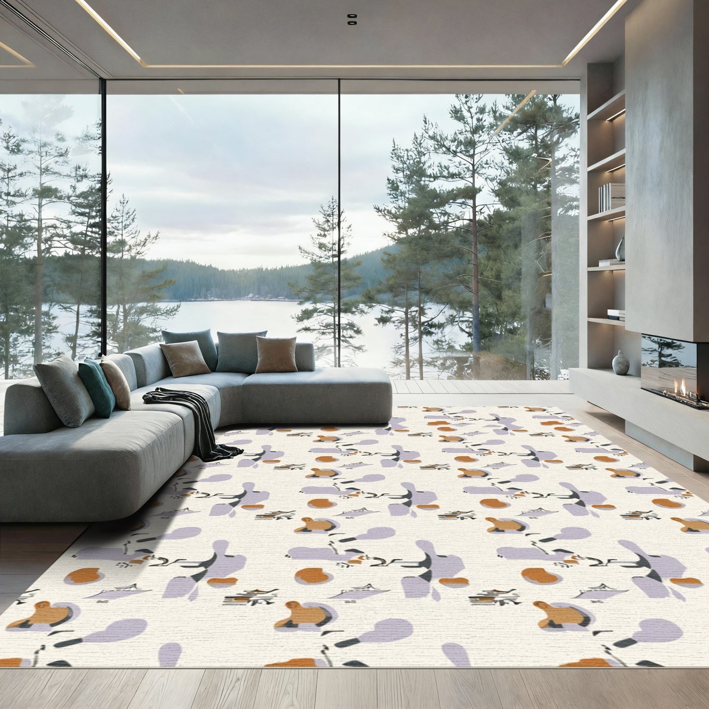 Abstract Ochre Lilac Organic Forms Rug