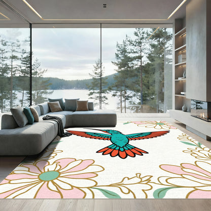 Teal Hummingbird Coral Pink Flowers Rug