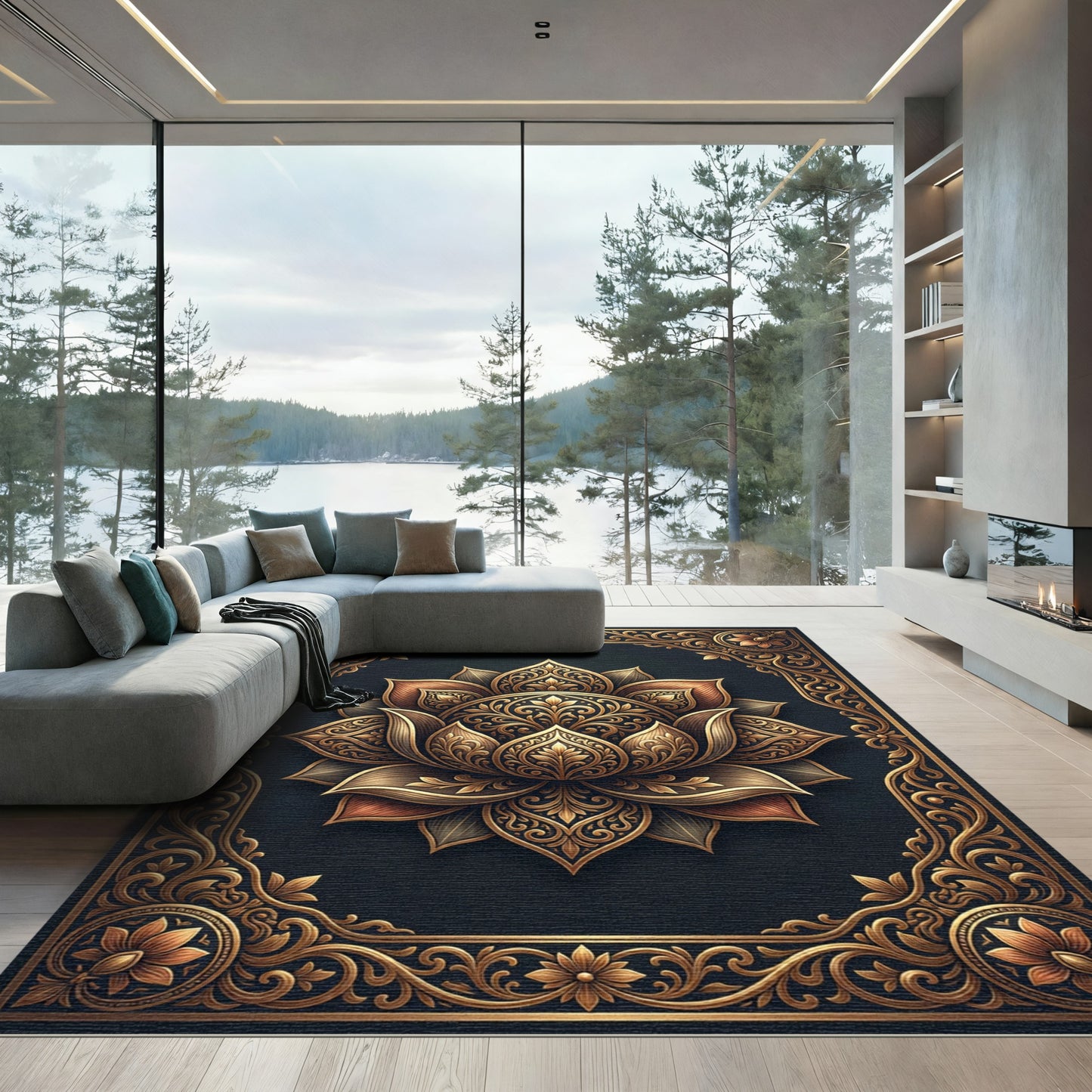 Ornate Gold Lotus Floral Medallion Rug
