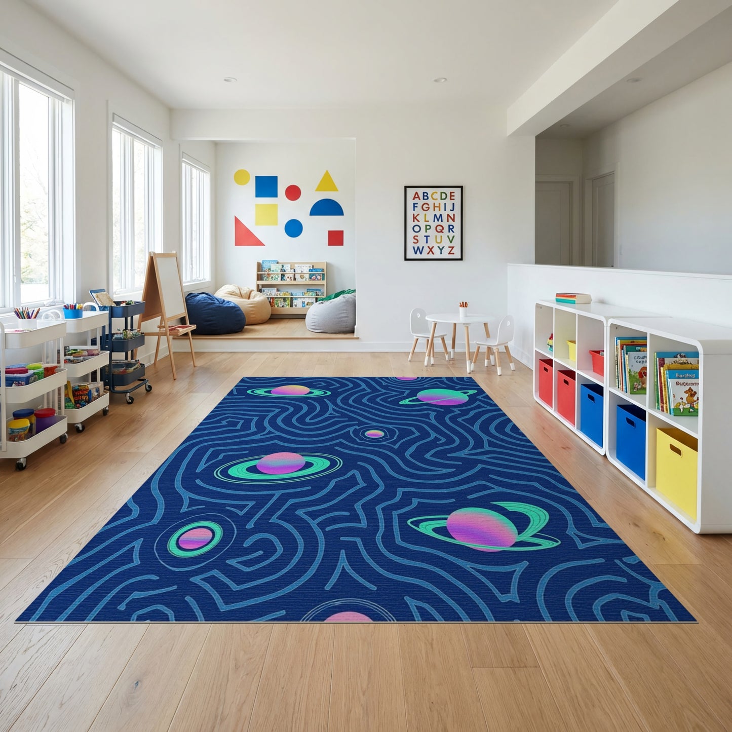 Navy Wavy Cosmic Ringed Planets Rug