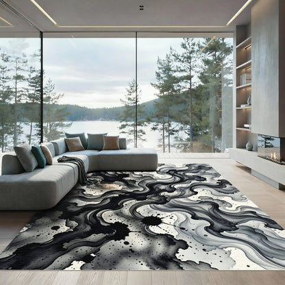 Ethereal Black Ink Swirl Reminiscence Rug