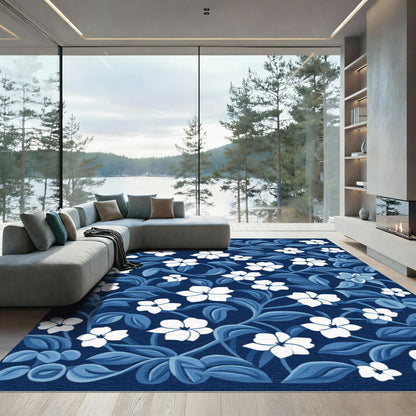 Midnight Blue White Floral Vines Rug