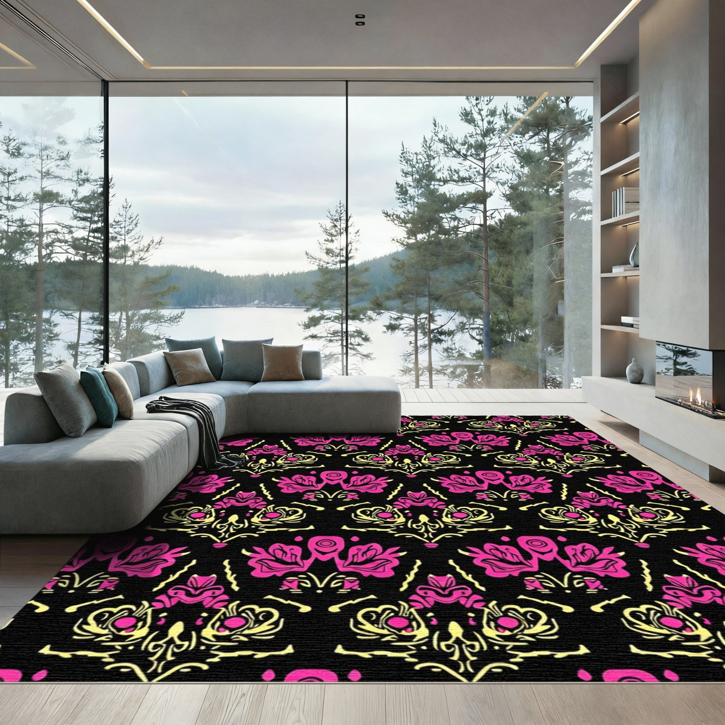 Bold Pink Yellow Floral Damask Rug