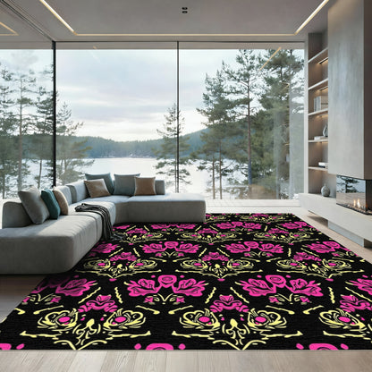 Bold Pink Yellow Floral Damask Rug