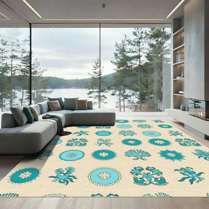 Aqua Teal Floral Medallion Arrangement Rug