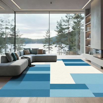 Abstract Blue and Cream Geometric Blocks Rug