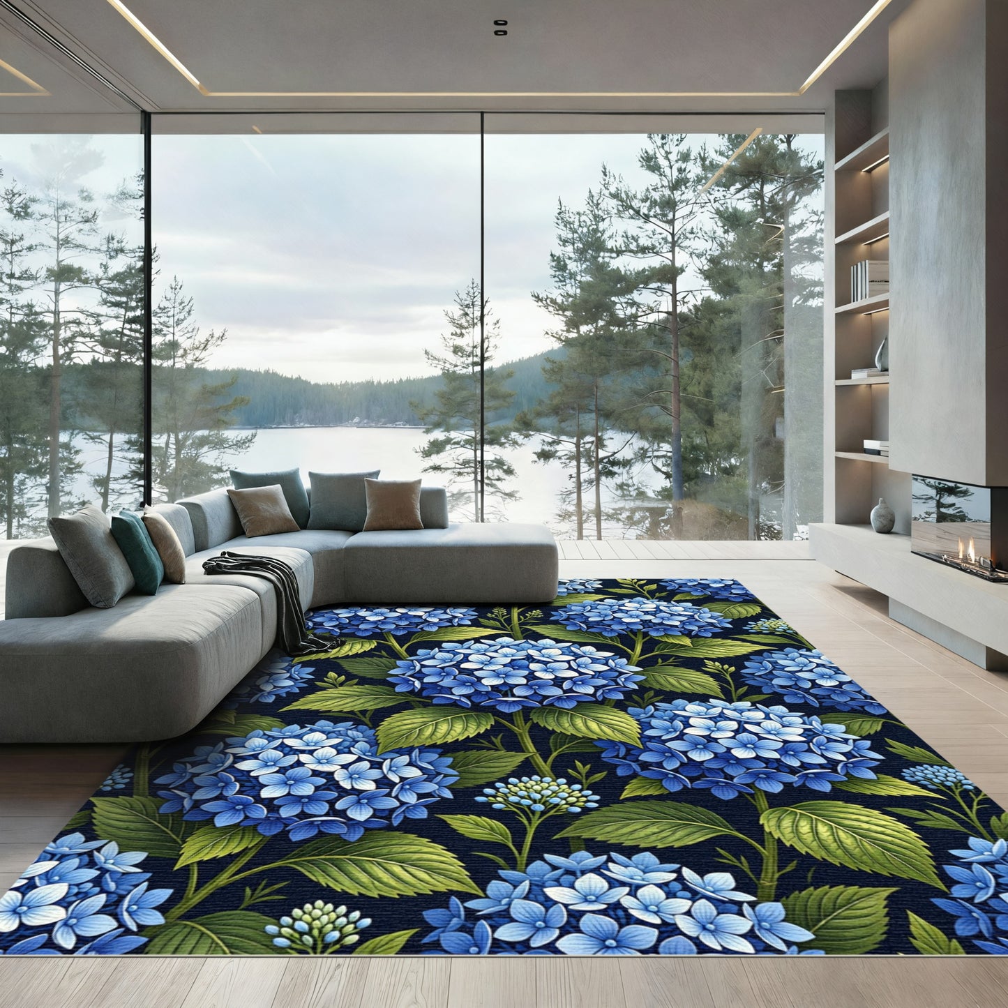 Lush Midnight Blue Hydrangea Blossom Floral Rug