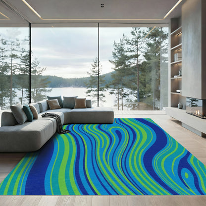Vivid Blue Green Wavy Stripes Rug