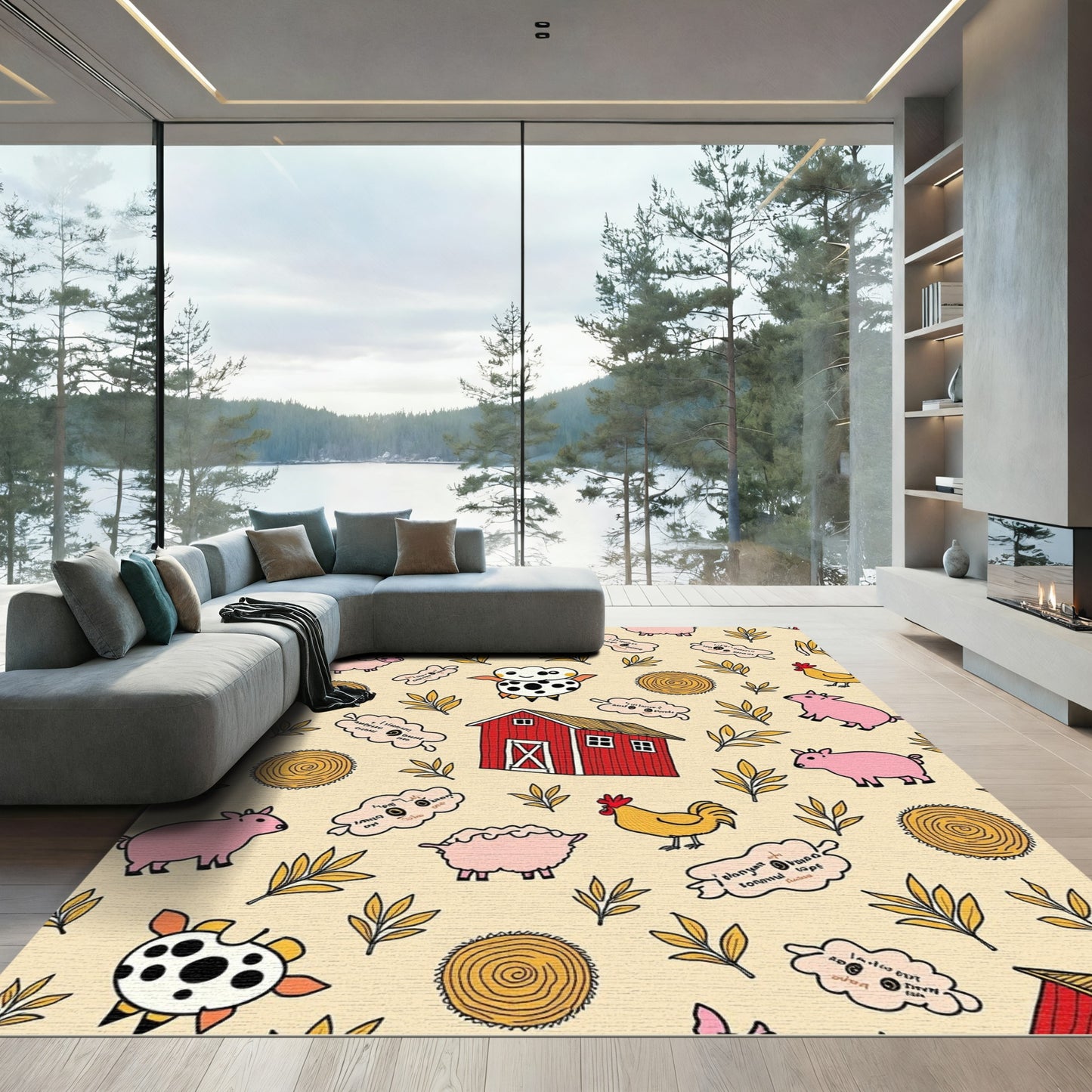 Whimsical Farm Animals Barn Hay Bales Rug