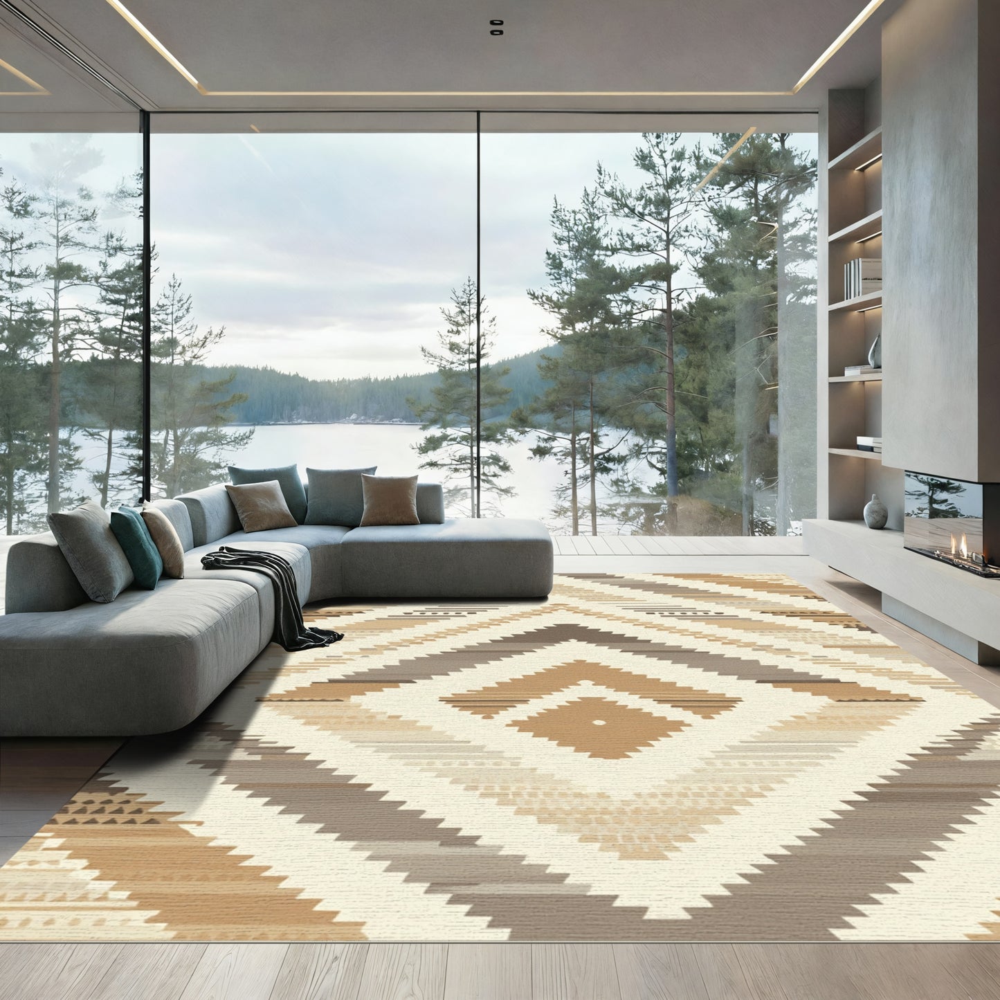 Neutral Earth Tone Geometric Diamond Rug