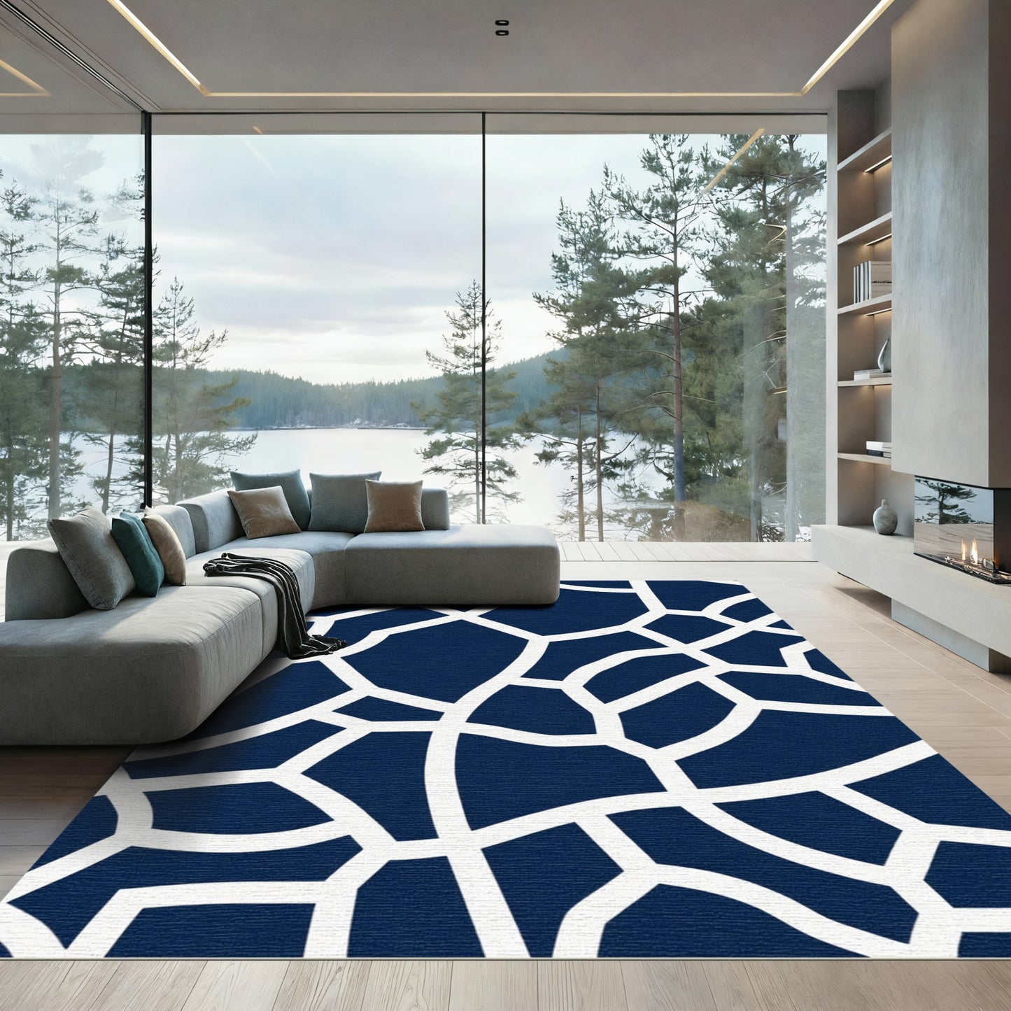 Deep Blue and White Organic Web Rug