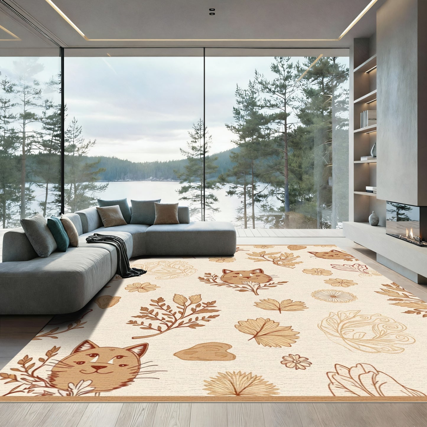 Whimsical Brown Cat Botanical Sketch Rug