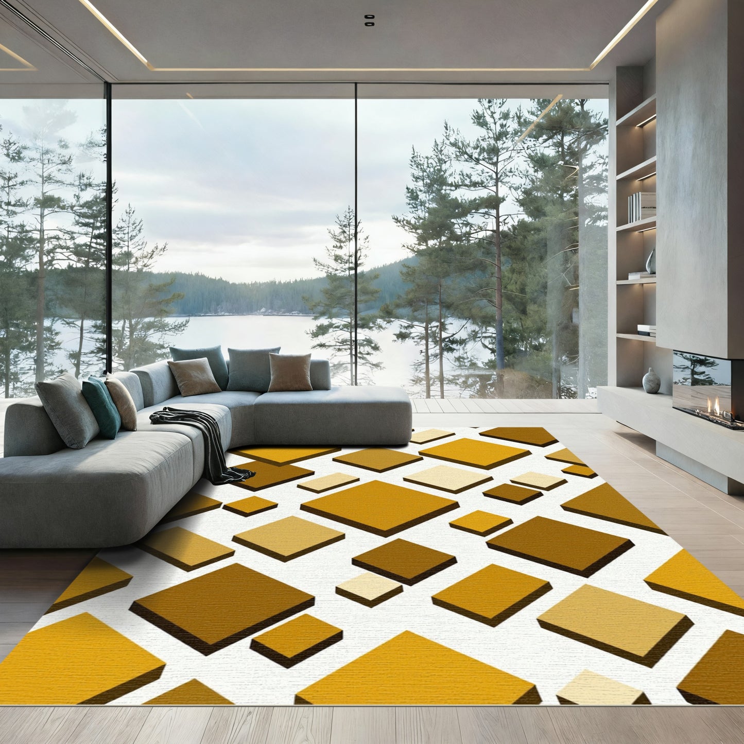 Geometric Ochre and Amber Tilted Squares Rug