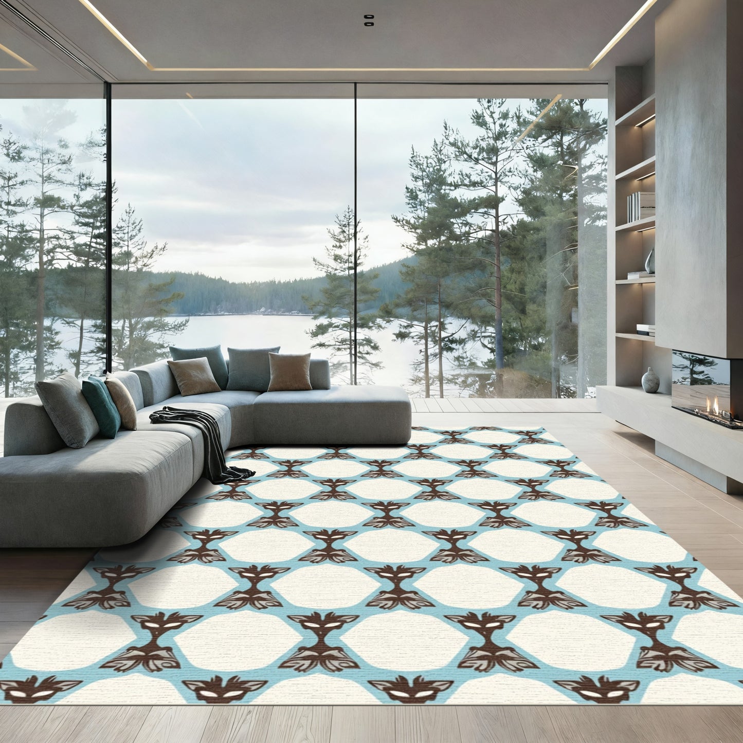Retro Brown Fox Blue Geometric Rug