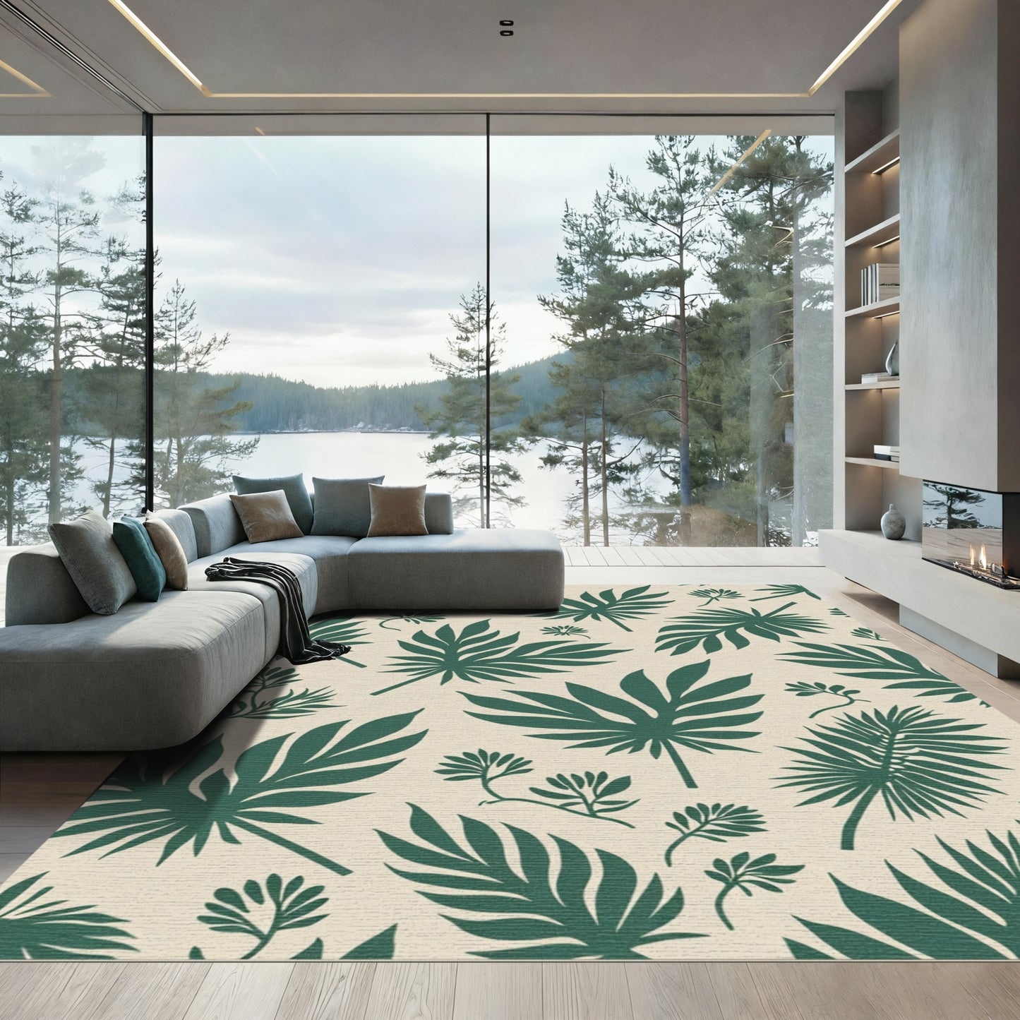 Tropical Green Leaf Silhouette Rug