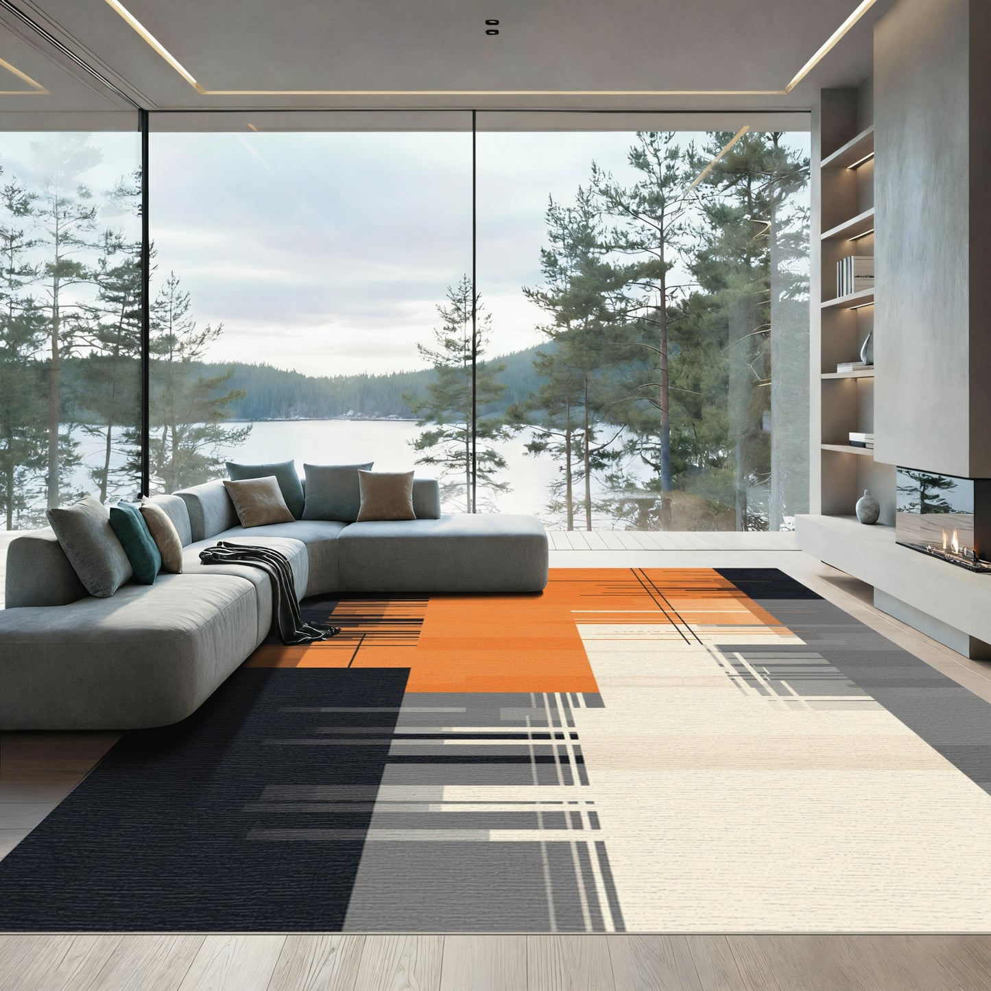 Modern Orange Abstract Geometric Lines Rug