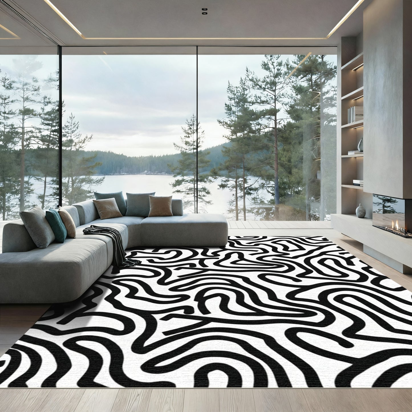 Black White Organic Abstract Lines Rug