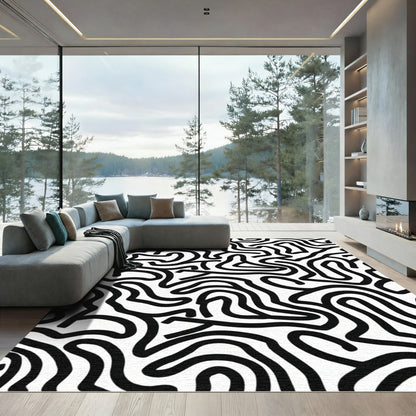 Black White Organic Abstract Lines Rug