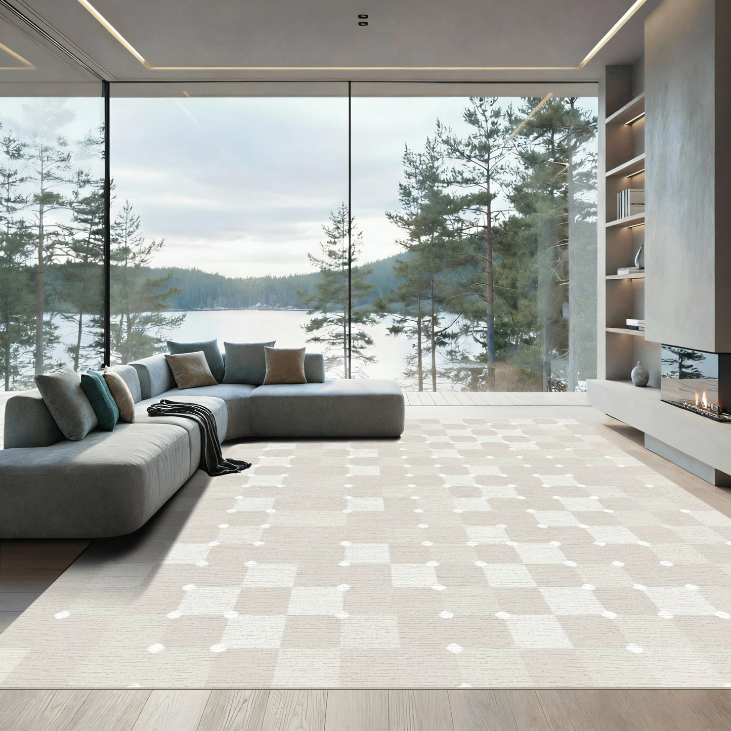 Neutral Checkered Dots Square Grid Rug