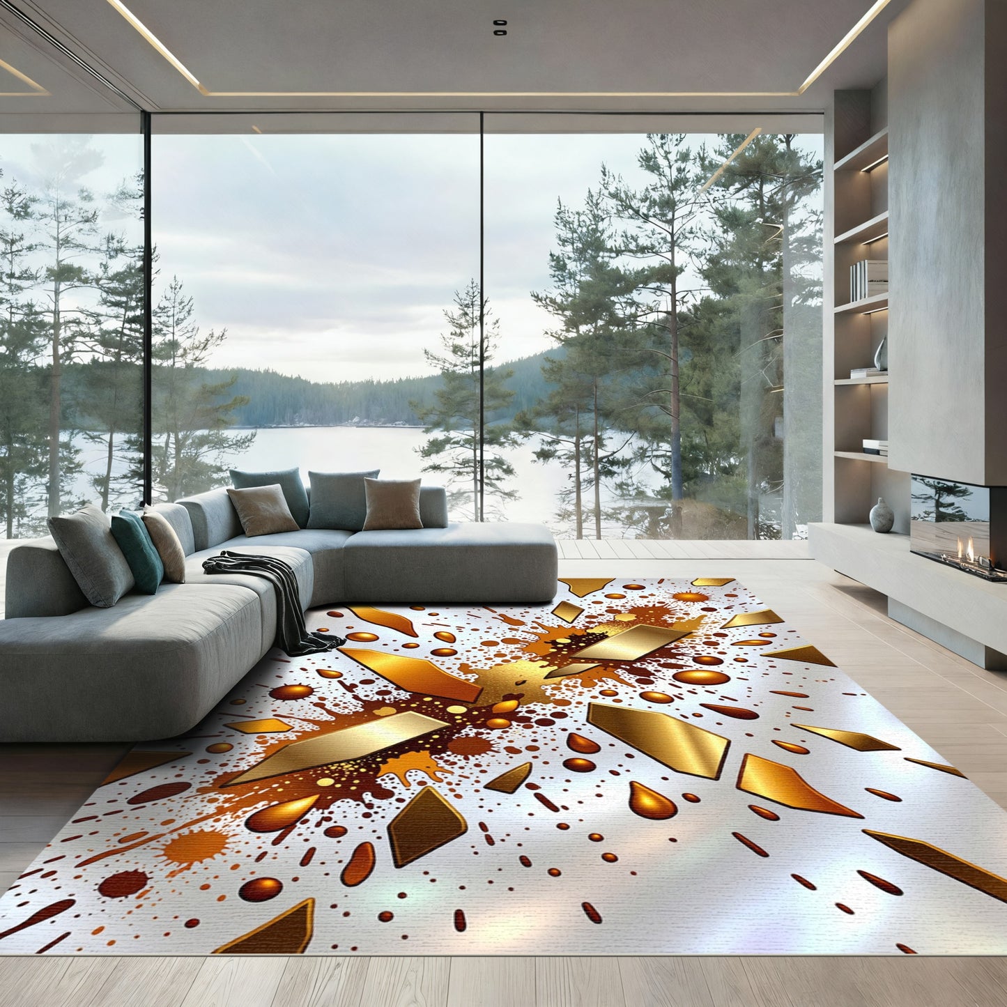 Metallic Gold Splatter Abstract Forms Rug