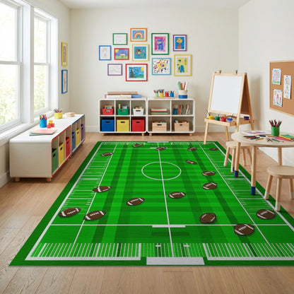 Green Scattered Footballs Gridiron Pattern Rug