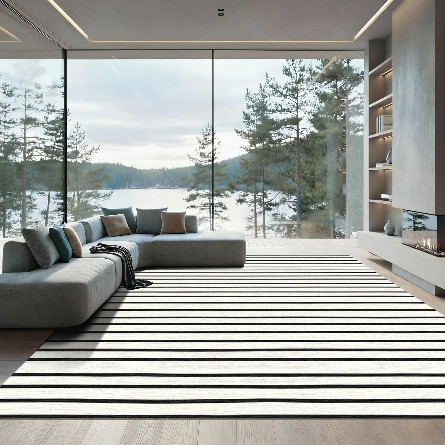 Modern Black White Linear Sweep Rug