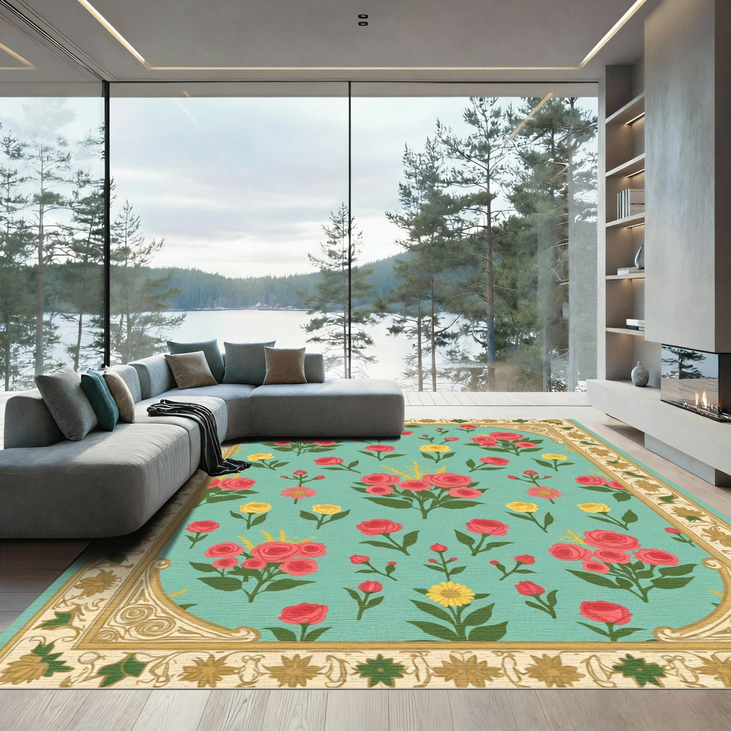 Aqua Floral Medallion Garden Rug