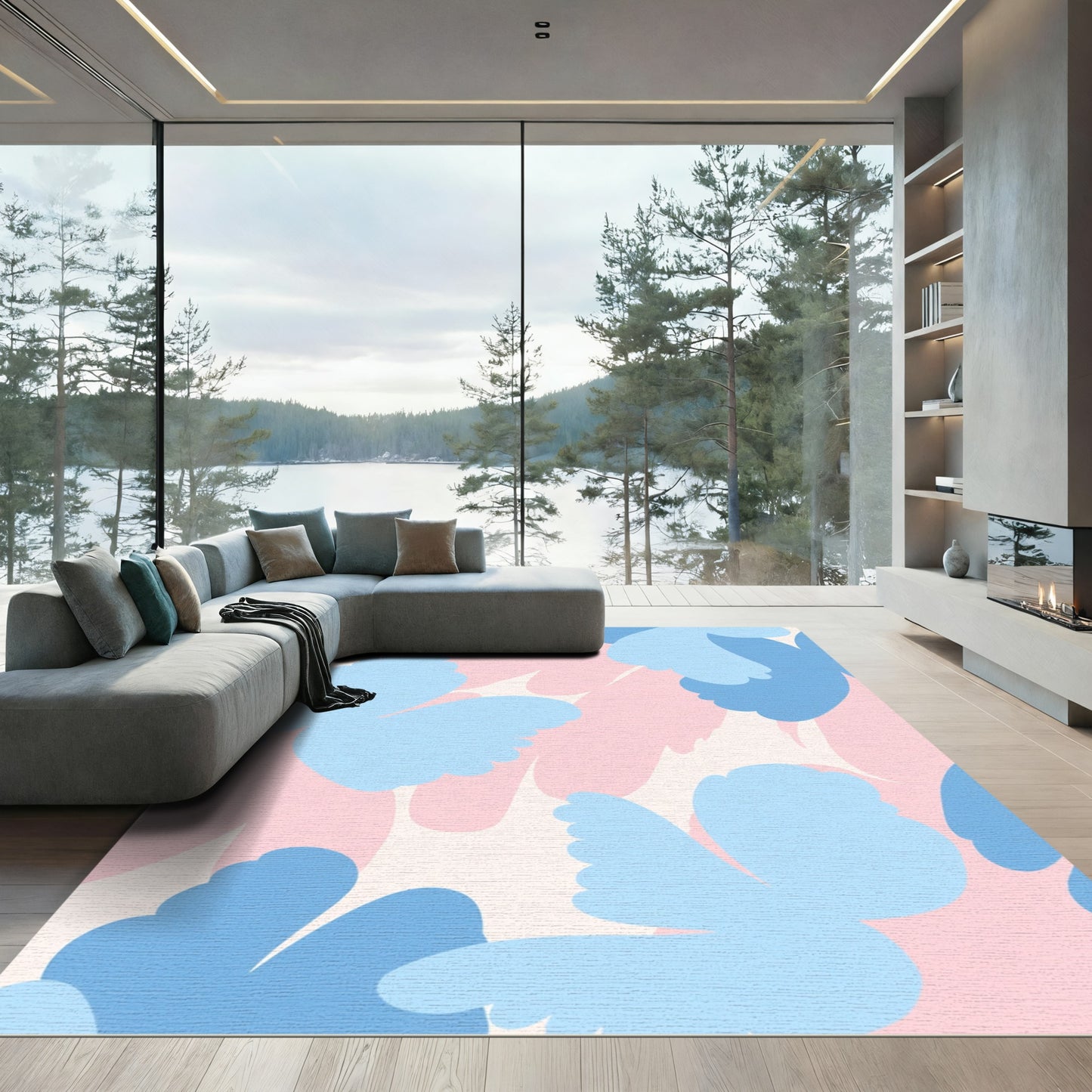 Sky Blue Pink Floral Abstract Rug