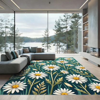 White Daisy Meadow on Teal Background Rug