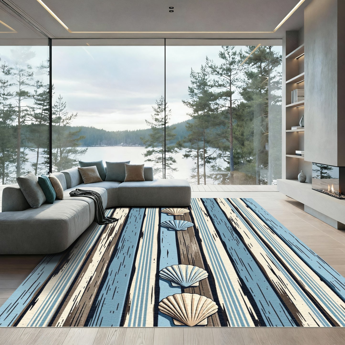 Coastal Seashell Blue Striped Planks Rug