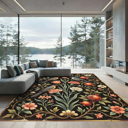 Orangey Pink Floral Bird Pomegranate Rug