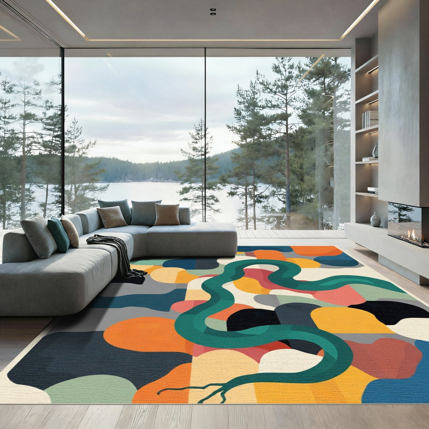 Teal Serpent Abstract Organic Forms Rug