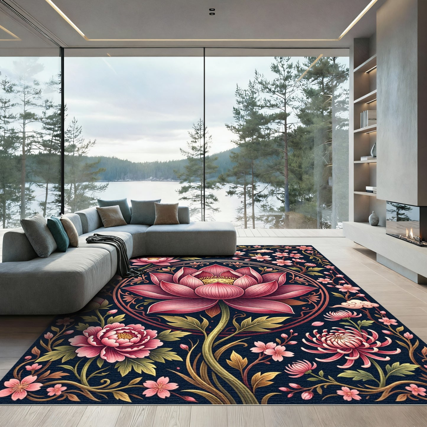 Pink Lotus Blossom Golden Medallion Rug