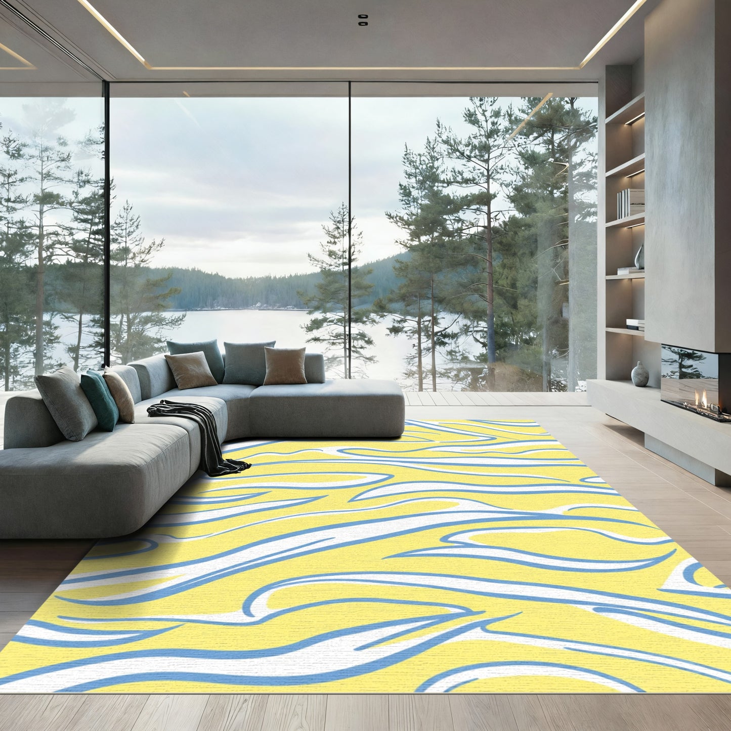 Yellow Blue White Swirl Abstract Rug