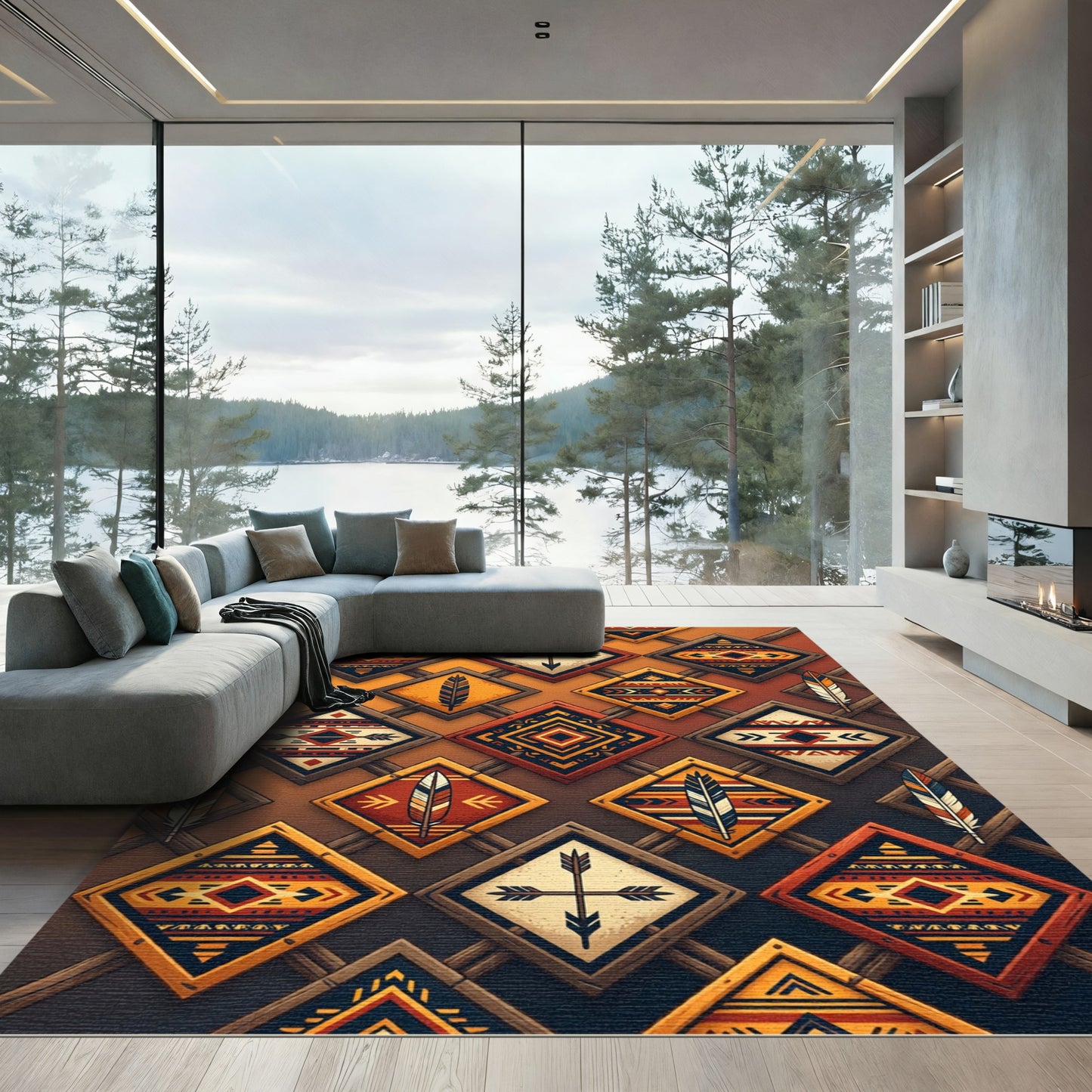 Woven Earth Tone Feather Diamond Rug