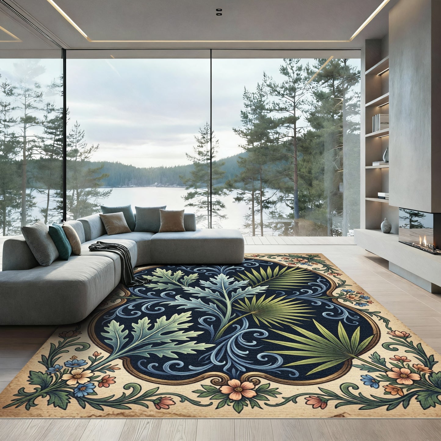 Vintage Botanical Scroll Navy Fern Rug