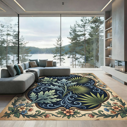 Vintage Botanical Scroll Navy Fern Rug