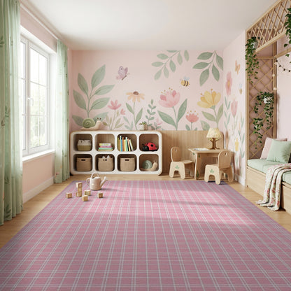 Geometric Pink White Grid Rug