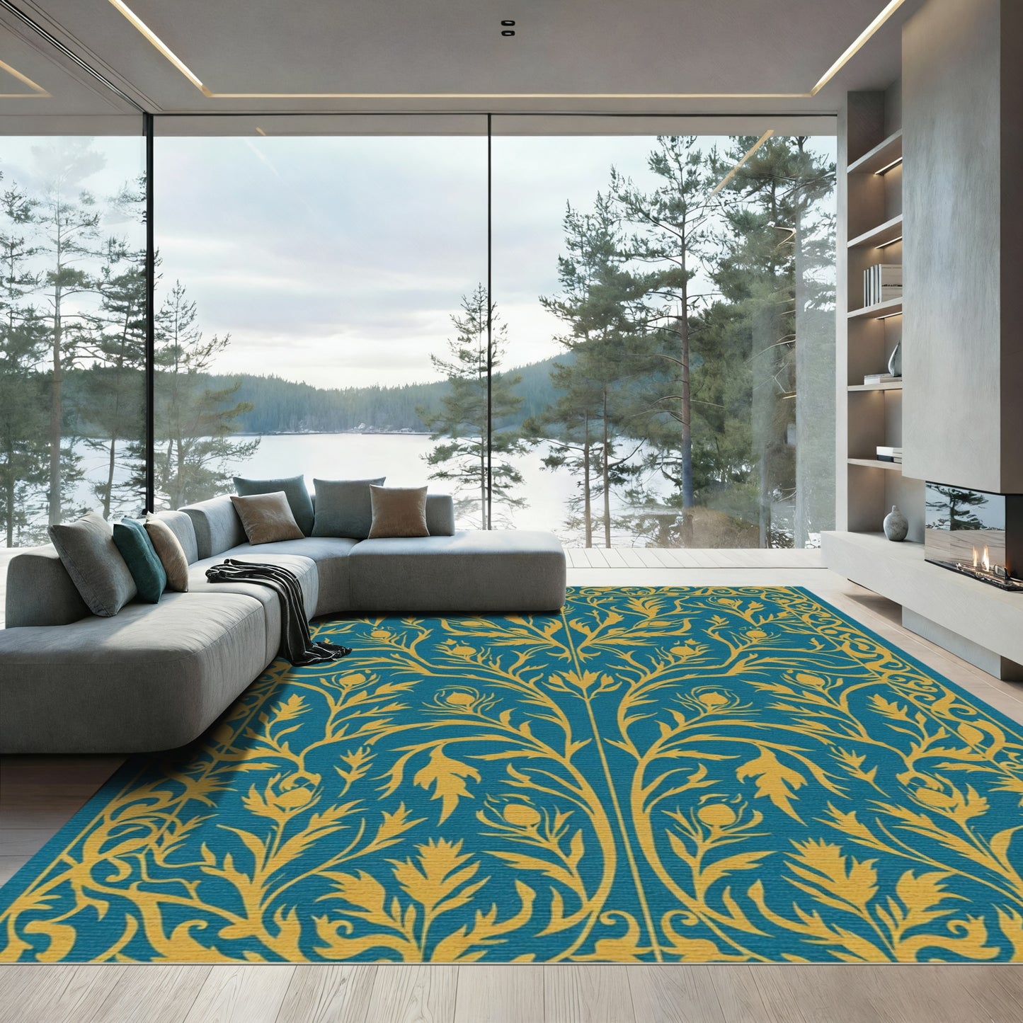 Teal Golden Peacock Feather Floral Rug