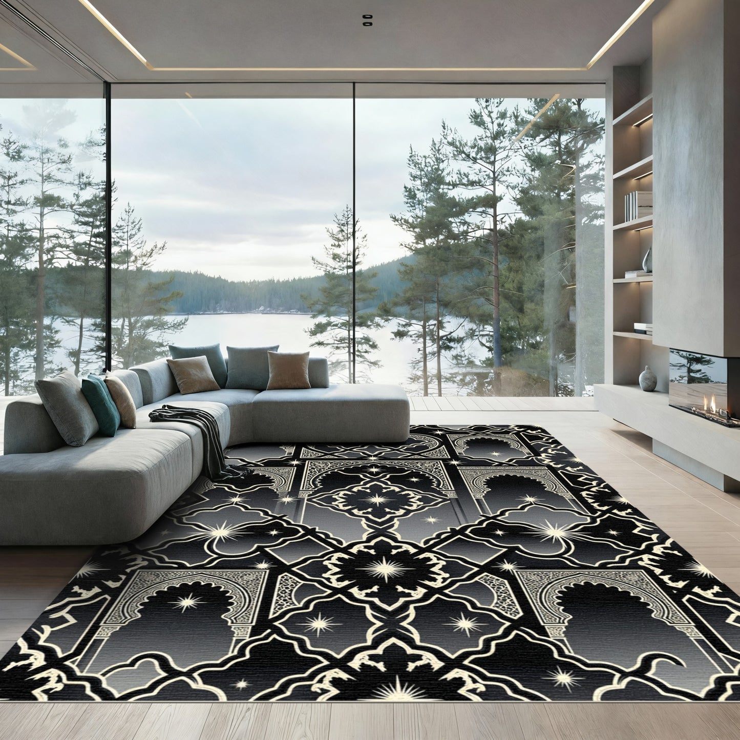 Celestial Black Arch Geometric Star Medallion Rug