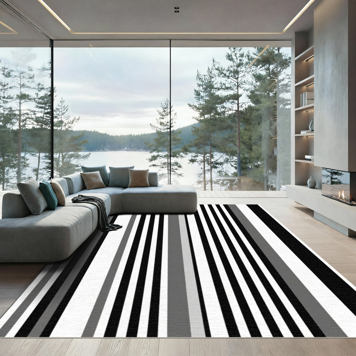 Bold Black White Gray Stripe Rug