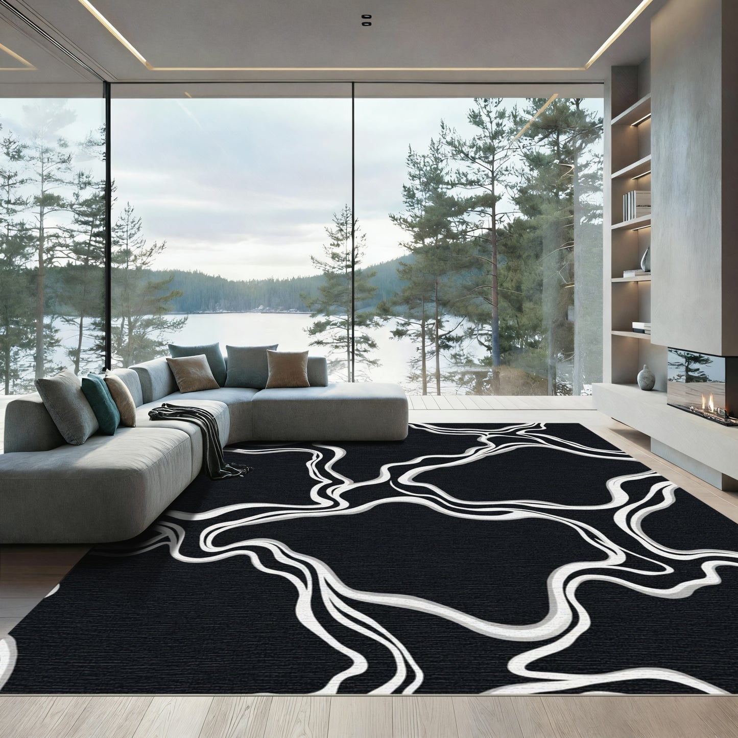 Black White Organic Flow Rug