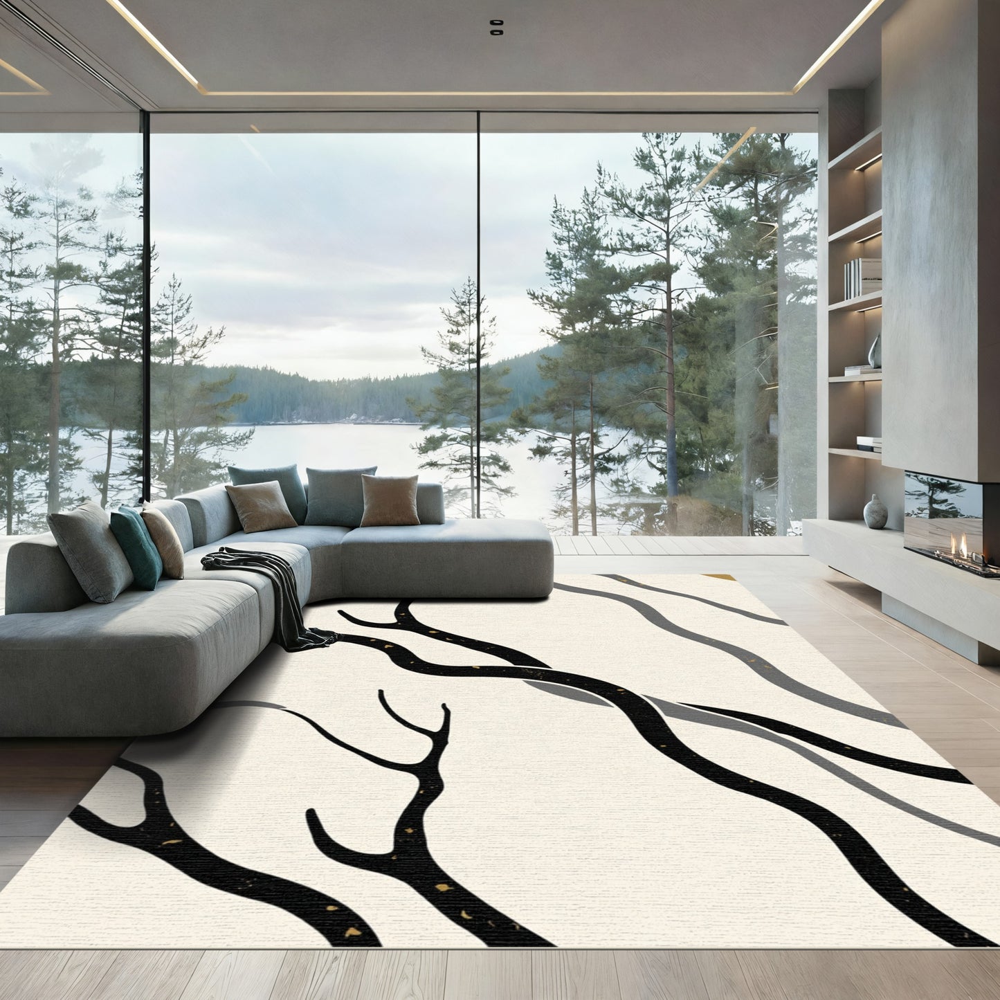Minimalist Black Branch Wave Rug