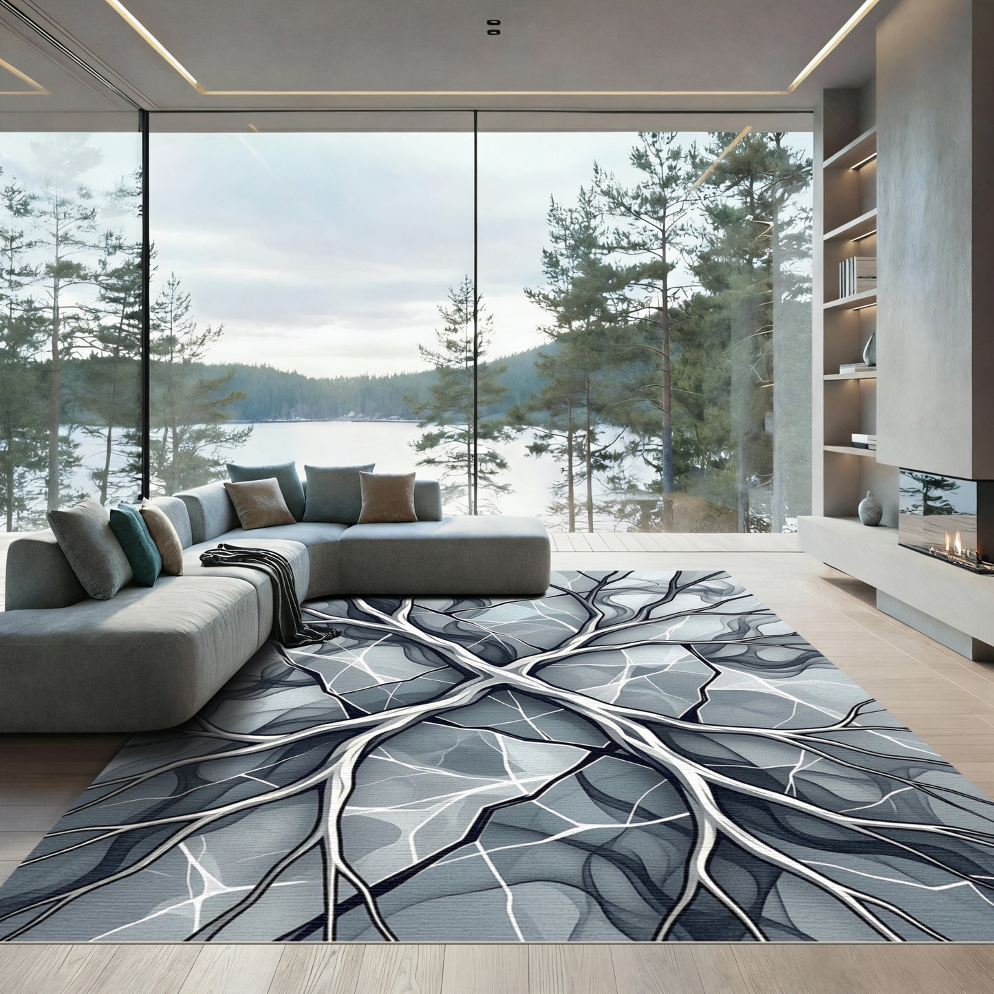 Modern Monochrome Abstract Branching Fractal Rug