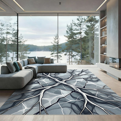 Modern Monochrome Abstract Branching Fractal Rug