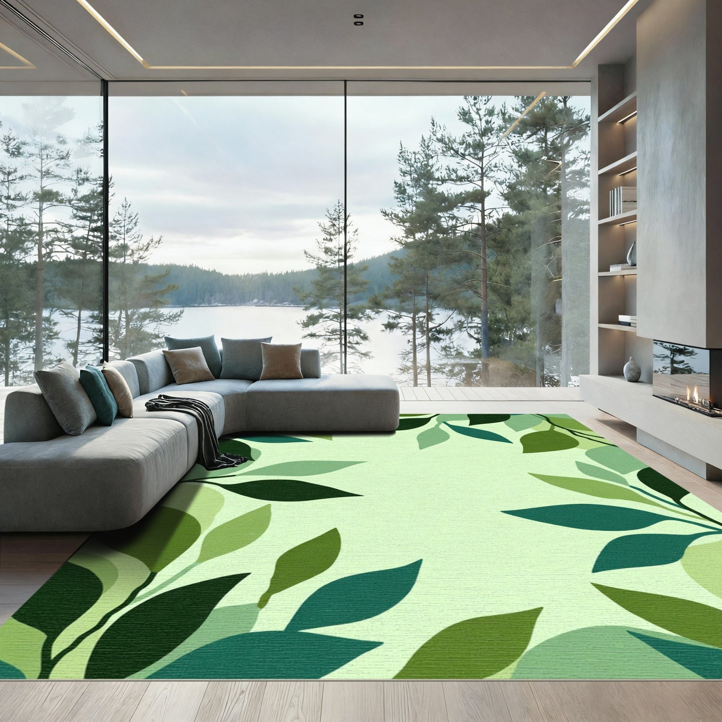 Vibrant Green Lush Foliage Framing Rug