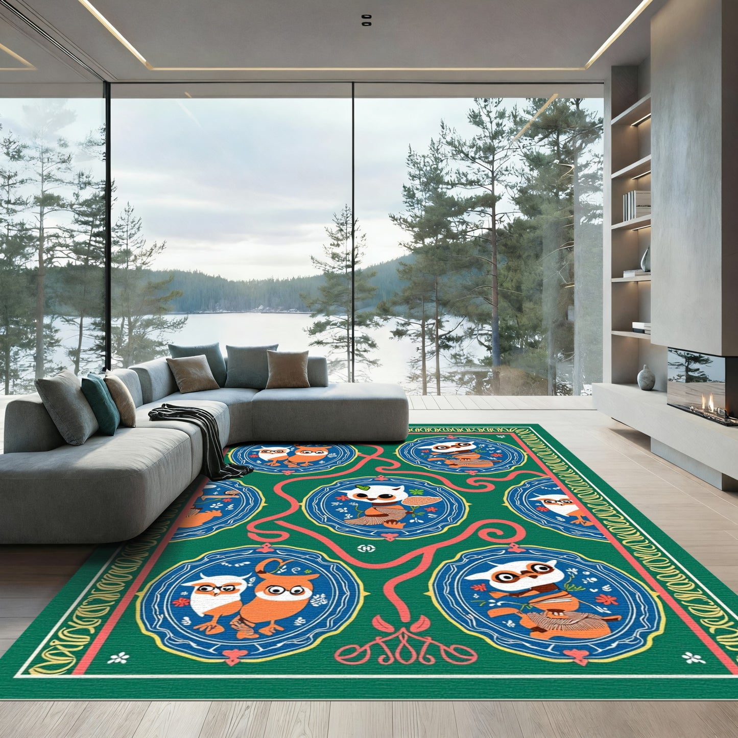 Whimsical Owl Medallion Green Rug