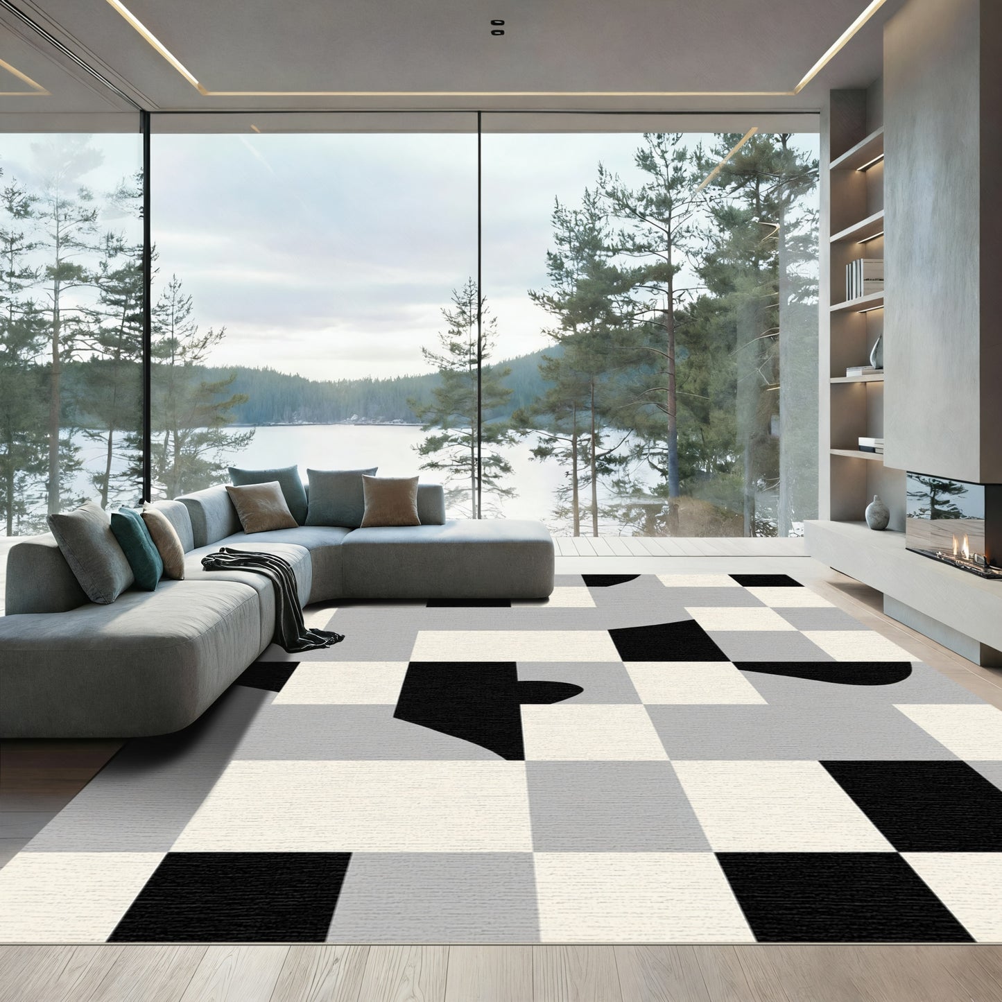 Abstract Geometric Black White Gray Composition Rug